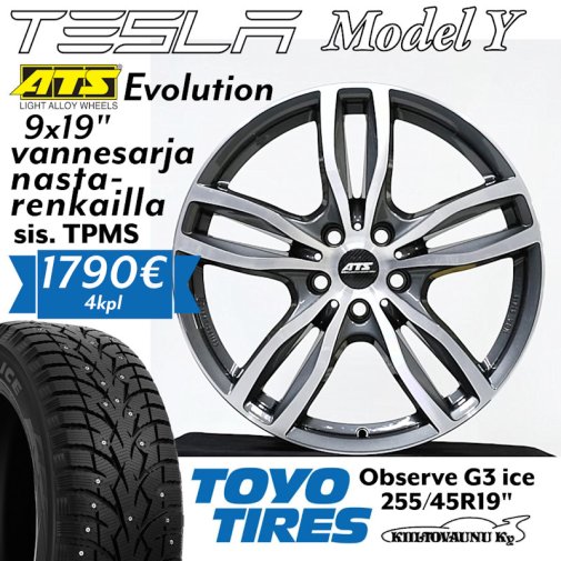 ATS Evolution 9x19\" 5x114,3 et40 kr.64,1 Toyo G3 Ice nastarenkailla Tesla Y